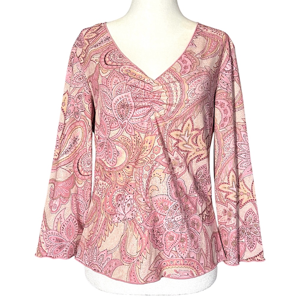 Vintage 90s Fairy Cottagecore Pink Cream Paisley Floral 3/4 Sleeve Blouse Large